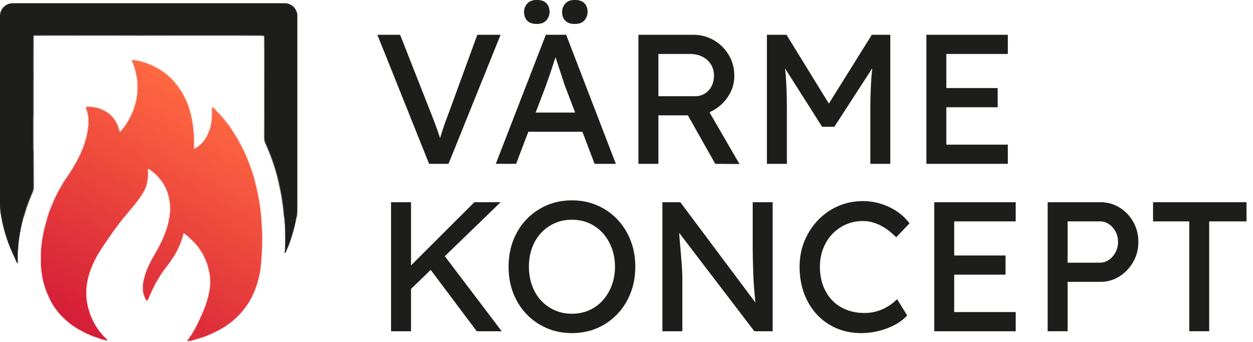 Logotyp med en stiliserad röd låga i en svart kvadrat till vänster och texten VÄRME KONCEPT i feta versaler till höger.