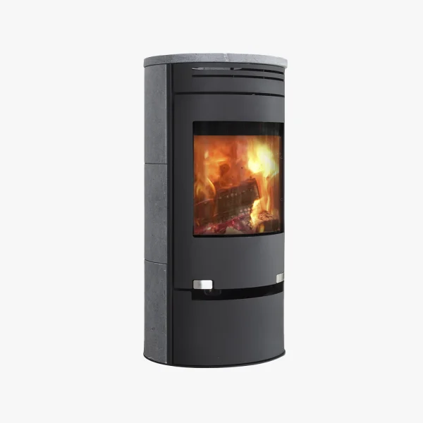 Aduro 1.1SK Täljsten är en modern cylindrisk svart braskamin med glasfront som ger insyn i elden och eleganta topp- och sidopaneler av täljsten.