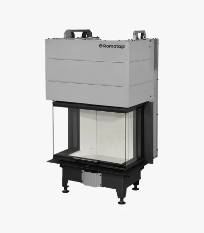 Romotop Heat 3-glas Insats 65.52.31 är en modern, rektangulär spisinsats med front och sidor i glas, svart botten, silverfärgad metallisk topp mot en vit bakgrund.