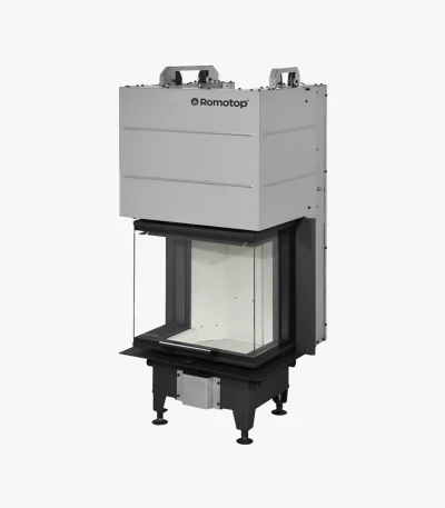 Romotop Heat 3-glas Insats 50.52.31 är en modern, rektangulär spisinsats med glas på tre sidor, metallhölje i silver och svart, justerbara ben och en stilren design.