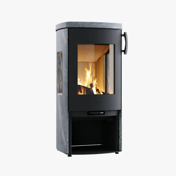 Heta Icon-Line Eclipse Sidoglas Täljsten är en modern fristående braskamin med glasdörr, synlig eld, grå sten på utsidan och svart metallhandtag, mot en vit bakgrund.