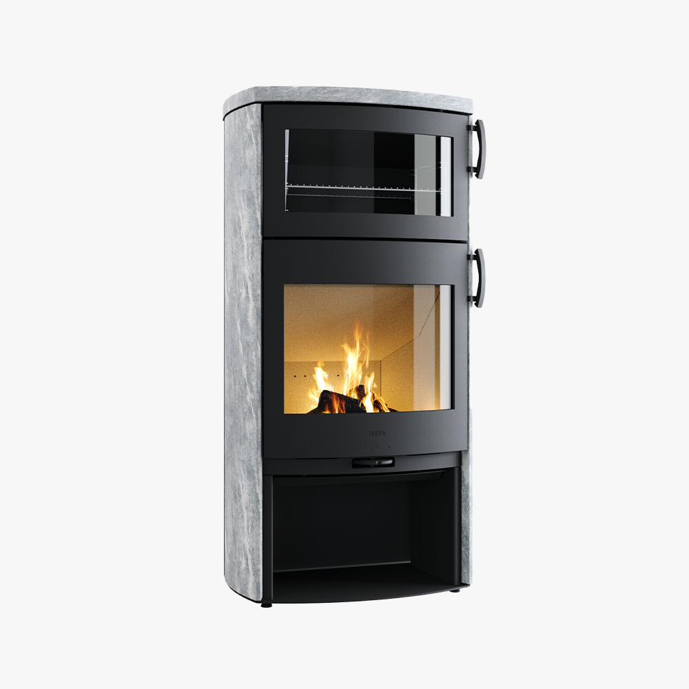 Heta-Icon-Line-Eclipse-XL-B-Taljsten-1 Heta Icon-Line Eclipse XL B Täljsten är en elegant, svart och grå fristående braskamin med en glaslucka, ett nedre förvaringsutrymme och ett övre utrymme med en glaslucka.