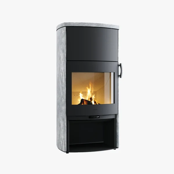 Heta Icon-Line Eclipse XL S Täljsten är en modern svart braskamin med svängd topp, sidopaneler i sten, stor glasfront som visar elden och ett öppet förvaringsutrymme i botten.