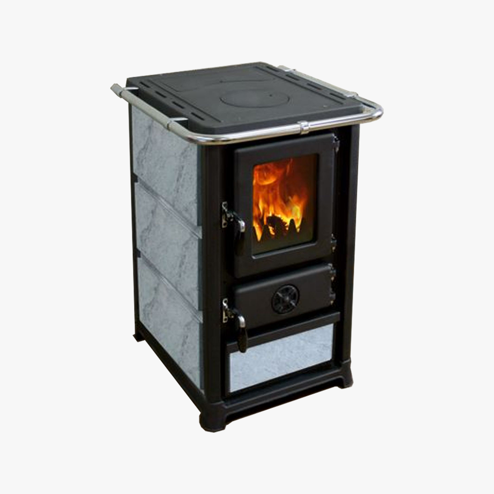 MBS Olymp Plus Täljsten är en svart och silverfärgad braskamin med en glasdörr som avslöjar lågorna inuti. Den har metallhandtag, en platt topp och är tillverkad av metall med snygga stenpaneler.