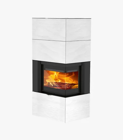 Rika Symbia är en modern hörnspis med vit texturerad utsida, glasfront och levande lågor. Dess rena linjer och minimalistiska design skapar en elegant fokuspunkt för moderna interiörer.