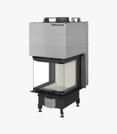 Romotop Heat 3-glas Insats 50.52.50 är en modern, fristående spisinsats med två stora glasväggar, svart ram, metallisk överdel, fyra ben för upphöjning och Romotop-logotypen på ovansidan.