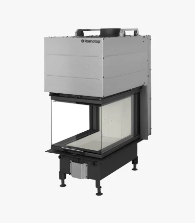 Romotop Heat 3-glas Insats 50.52.70 är en modern, fristående L-formad glasinsats med metallisk toppkåpa, svart bas och justerbara ben, perfekt för hörninstallation.