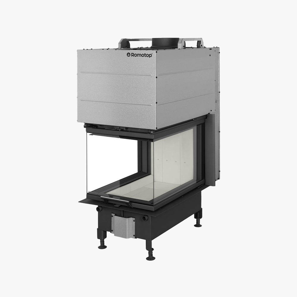 Romotop Heat 3-glas Insats 50.52.70 är en modern, fristående L-formad glasinsats med metallisk toppkåpa, svart bas och justerbara ben, perfekt för hörninstallation.