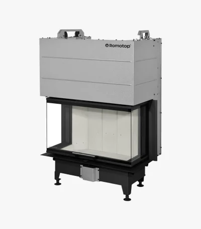 Romotop Heat 3-glas Insats 80.52.31 är en modern silverfärgad och svart spisinsats med tre glasskivor, upphöjd på fyra ben, avsedd för inbyggnad i hemmet.