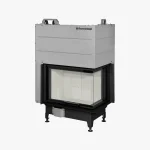 Romotop Heat Hörninsats 65.51.40 är en modern rektangulär spisinsats med stor glasfront, svart och silverfärgad metallram, fyra justerbara ben, synligt Romotop-märke i övre vänstra hörnet och vit insida.