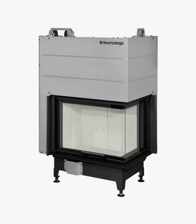 Romotop Heat Hörninsats 65.51.40 är en modern rektangulär spisinsats med stor glasfront, svart och silverfärgad metallram, fyra justerbara ben, synligt Romotop-märke i övre vänstra hörnet och vit insida.