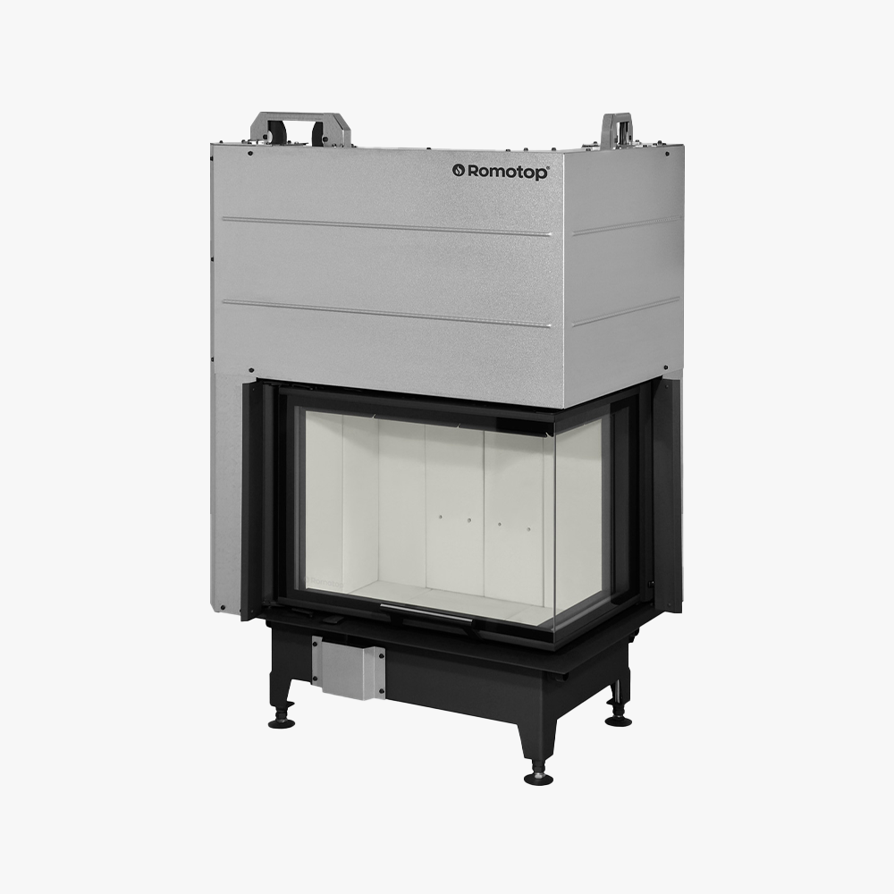 Romotop Heat Hörninsats 65.51.40 är en modern rektangulär spisinsats med stor glasfront, svart och silverfärgad metallram, fyra justerbara ben, synligt Romotop-märke i övre vänstra hörnet och vit insida.