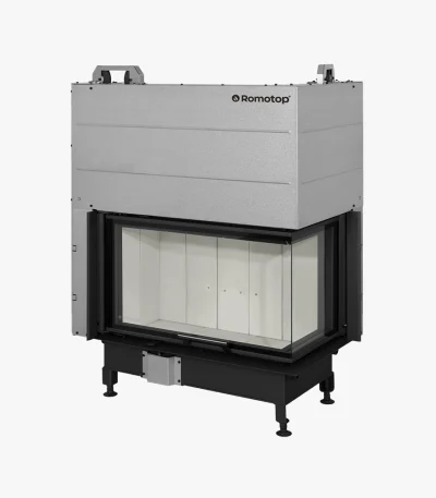 Romotop Heat Hörninsats 81.51.40 är en rektangulär, modern spisinsats med stor glasfront, svart metallram, silverfärgad överdel och justerbara ben, som visas mot en vit bakgrund.