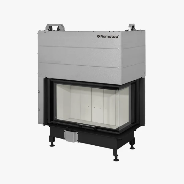 Romotop Heat Hörninsats 81.51.40 är en rektangulär, modern spisinsats med stor glasfront, svart metallram, silverfärgad överdel och justerbara ben, som visas mot en vit bakgrund.