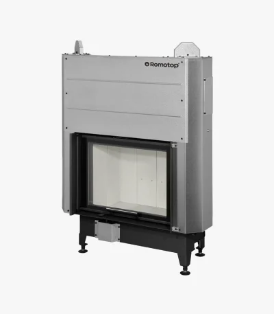 Romotop Heat Plan Insats 66.50.04 är en modern rektangulär spisinsats med glasfront, metalliskt silverfärgad topp, svarta ben och Romotop-logotypen på den övre panelen, mot en vit bakgrund.