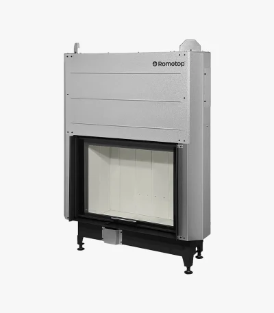 Romotop Heat Plan Insats 88.66.04 är en modern, rektangulär spisinsats i metall i silver och svart, med stor glasfront, justerbara ben och en synlig Romotop-logotyp på övre högra sidan, avsedd för inbyggnadsinstallation.