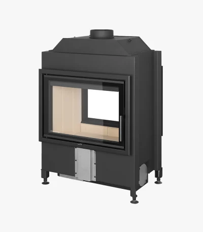 Romotop Heat Tunnel 70.50.01 är en svart, rektangulär vedeldad spisinsats med stor glasdörr, ljus brandsäker innerbeklädnad och fyra justerbara ben.