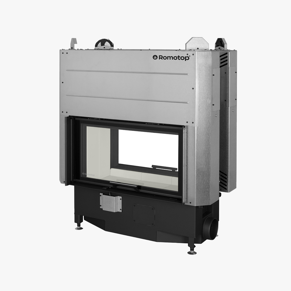 Romotop Heat Tunnel 88.50.01 är en modern, rektangulär spisinsats i metall med stort glasfönster och robust industridesign, med ventilationsöppningar och reglage på sidorna.