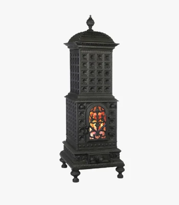 Viking Royal är en hög, utsmyckad svart gjutjärnskamin med mönstrad yta på fyra ben. På framsidan finns en liten välvd dörr med ett fönster som visar elden som brinner inuti.