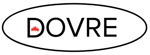 Ordet DOVRE i svarta versaler inom en svart oval kontur. Bokstaven O innehåller en röd flamikon.