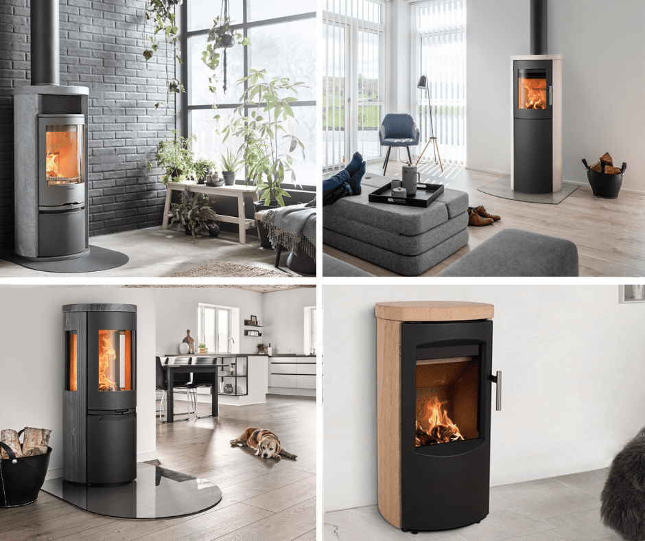 Ett collage av fyra moderna Kamin-vedspisar i eleganta vardagsrum, var och en med en synlig eld inuti. De moderna interiörerna har stora fönster, växter, möbler och dekorativa accenter.