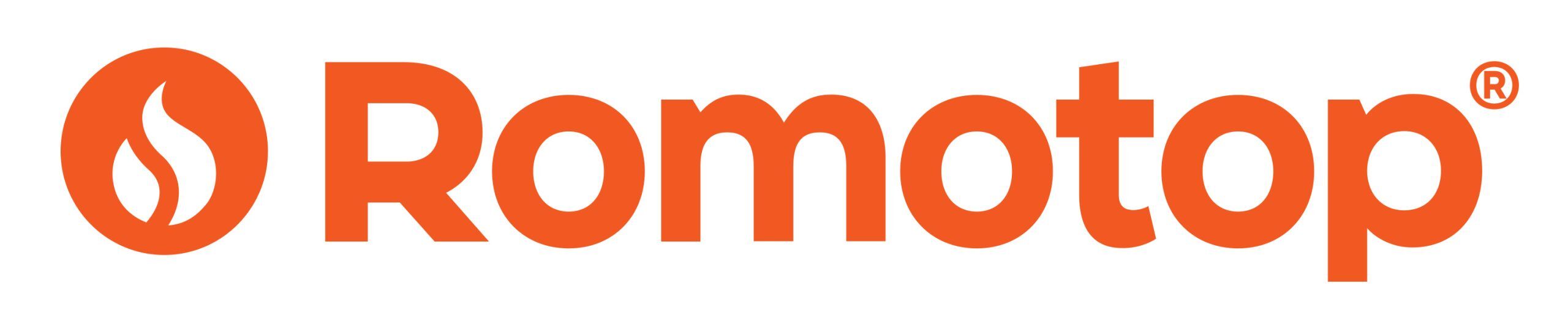 Romotop-logotypen består av en orange flamma i en cirkel, följt av ordet Romotop i feta, orange bokstäver med en registrerad varumärkessymbol.