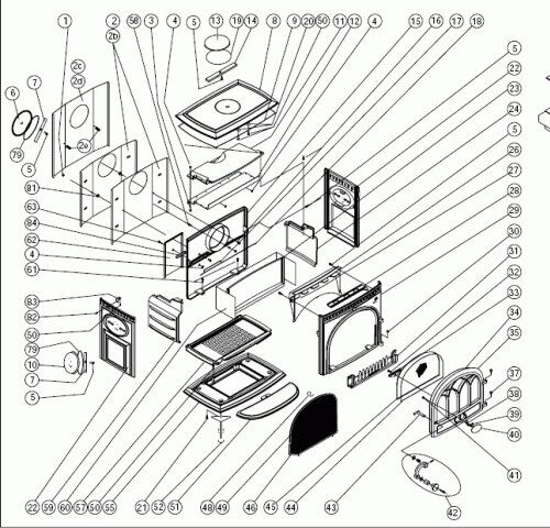 Sprängskiss av en Jötul-spis eller ugn med numrerade delar och komponenter, som visar dörrar, paneler, knoppar, glas, handtag och interna mekanismer arrangerade för monteringsreferens.