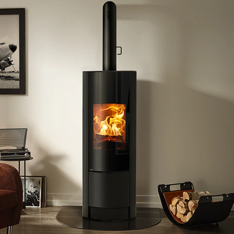 En modern Rika svart vedeldad kamin med glasdörr som visar en ljus eld, placerad i ett mysigt vardagsrum med en vedhållare, fotoram och skivspelare i närheten.