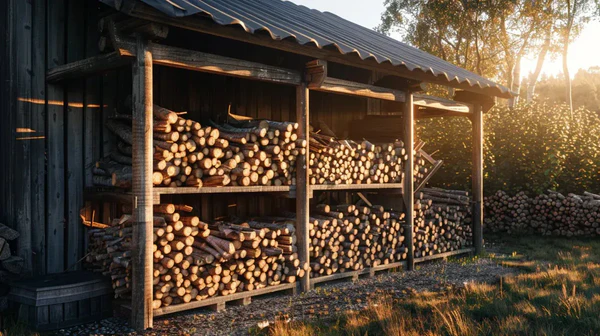 Ett vedskjul, prydligt staplat med huggen ved, badar i varmt solljus. Skjulet står på gräs nära träd, med fler stockar som torkar (torka ved) i bakgrunden.