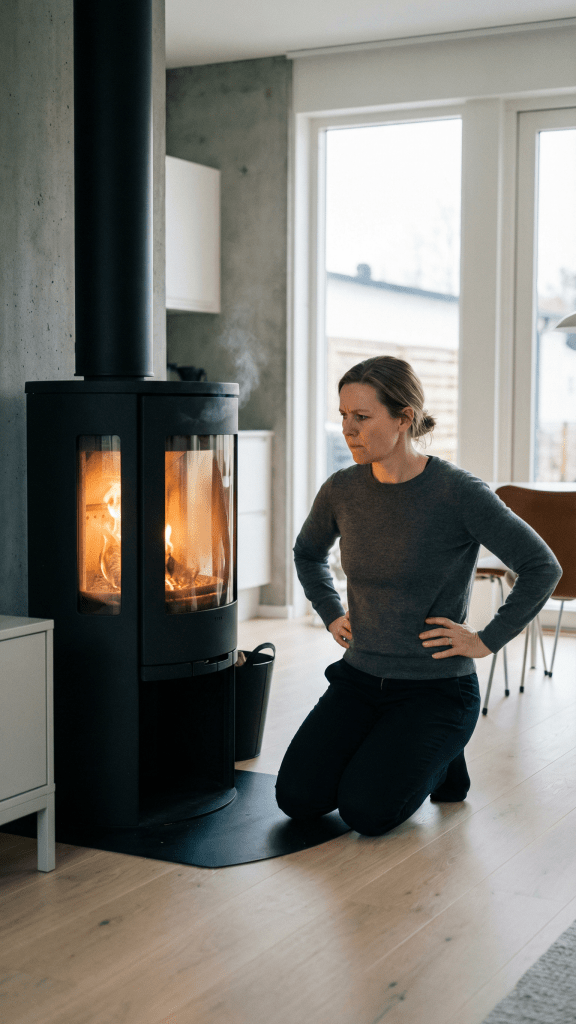Dåligt drag i skorstenen? (Orsaker & Lösningar som fungerar) 3 En kvinna står på knä på golvet framför en svart vedeldad kamin med eld i. Hon tittar uppmärksamt på lågorna i ett modernt, ljust vardagsrum.