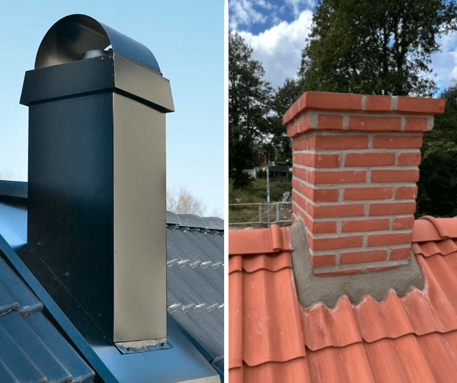 Jämförelse sida vid sida av två skorstenar: den vänstra visar en modern, svart metallskorsten på ett mörkt tak, medan den högra visar en traditionell skorsten i rött tegel på ett tak med röda tegelpannor och träd i bakgrunden.