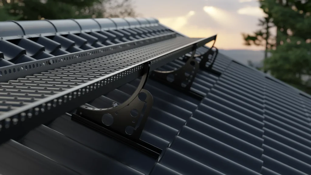 En närbild av en svart metallgång som är installerad på ett sluttande tak med mörka tegelpannor, med träd och en molnig himmel i bakgrunden i solnedgången.