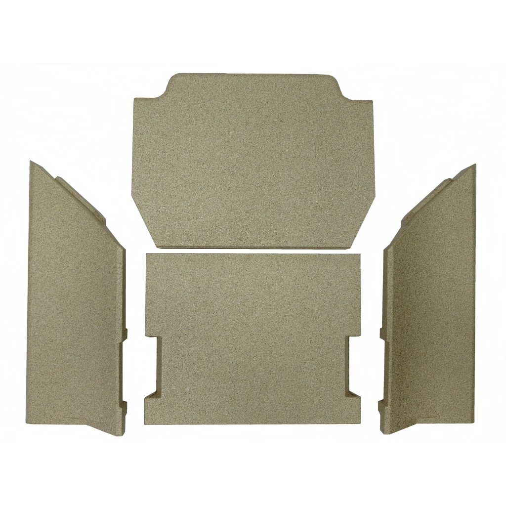 Fyra platta, rektangulära bitar av ljusbrunt material är arrangerade mot en vit bakgrund och placerade på ett sätt som antyder att de skulle kunna sättas ihop till en låda eller behållare.